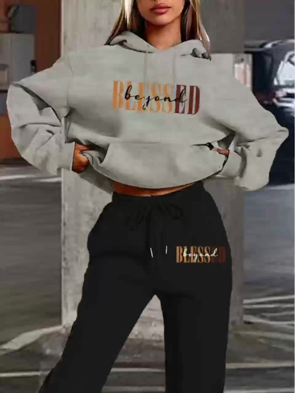 Women’s Letter Print Hoodie And Jogger Set Polyester With Pockets