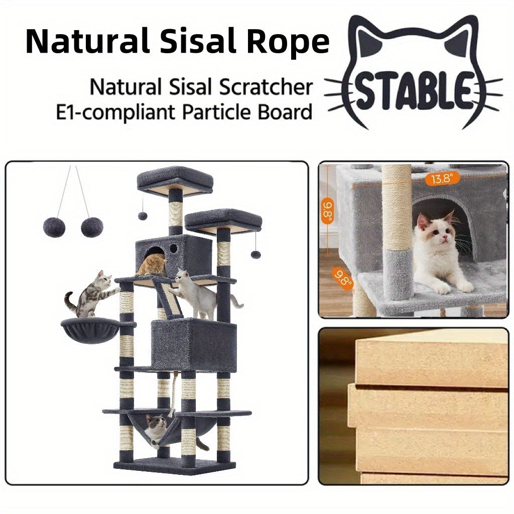 66.1/44.1in Cat Tree, Large Cat Tower with 13 Scratching Posts, 2 Perches, 2 Caves, Hanging Basket & Hammock, Pompoms, Stable Kitty Play House, Multi-Level Plush Cat Condo for Indoor Cat, Easy to Assemble, Perfect Children's - Revitalize Mind Body