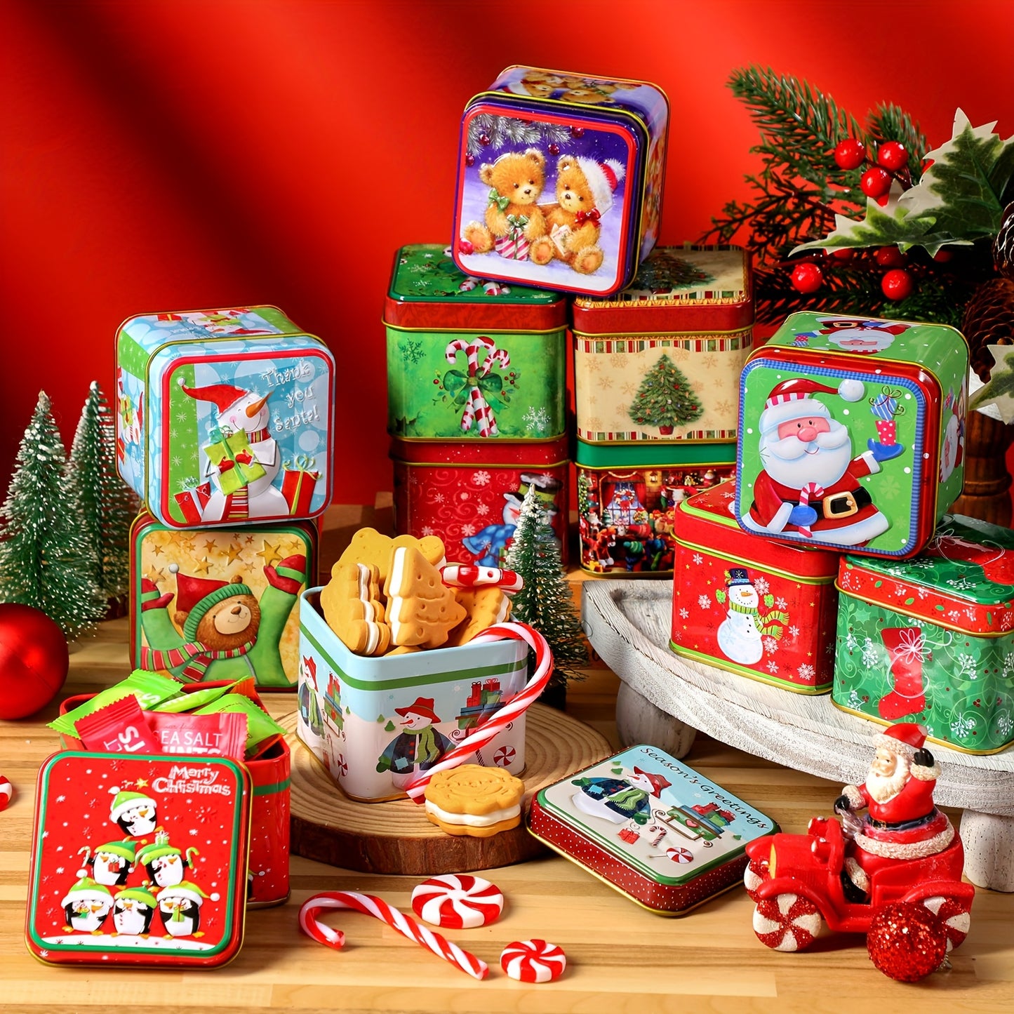 PATELAI Christmas Square Metal Cookie Jar With Lid 24pcs