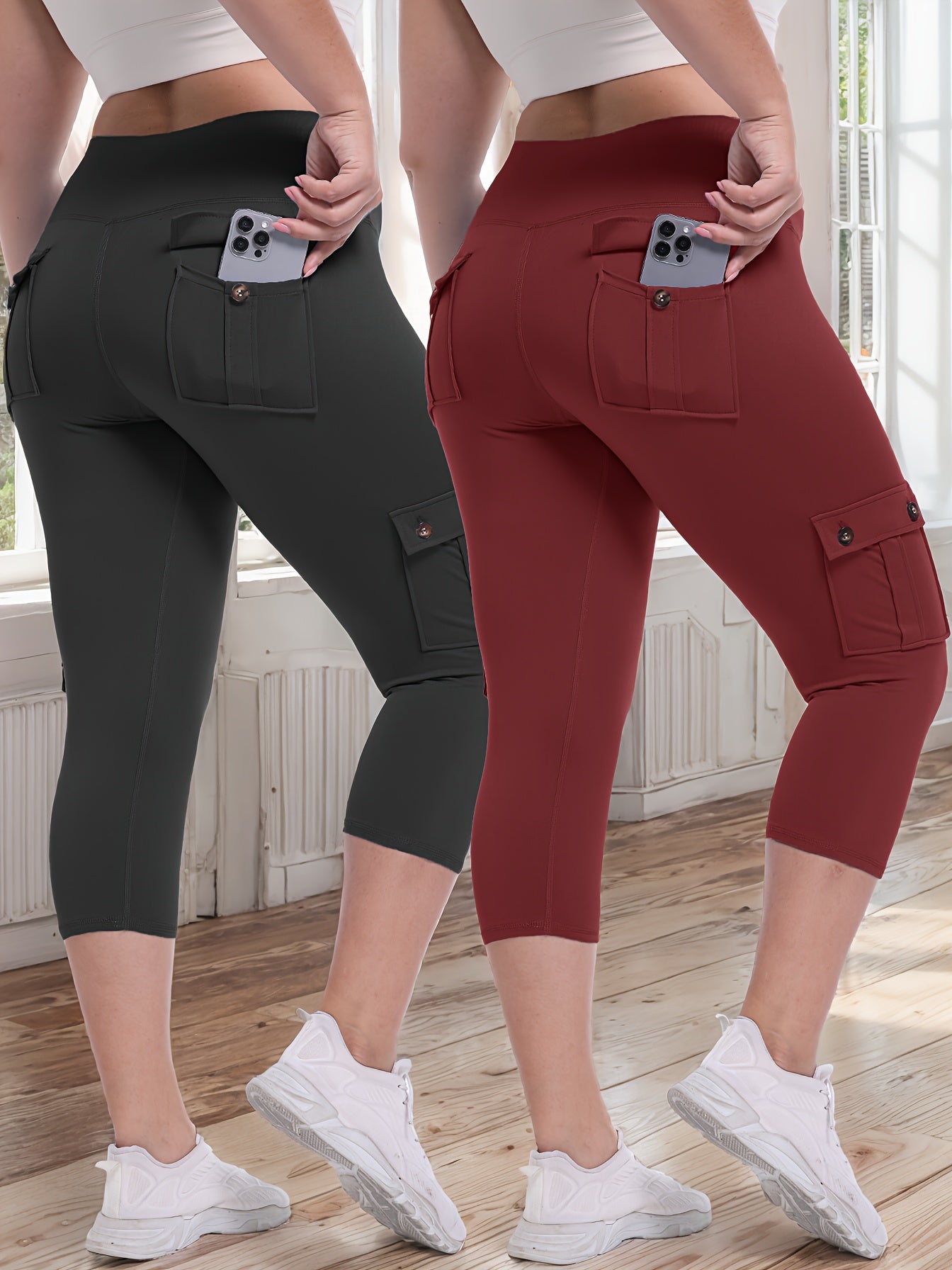 JEGGE High Waist Yoga Capri Pants Set with Pockets Active
