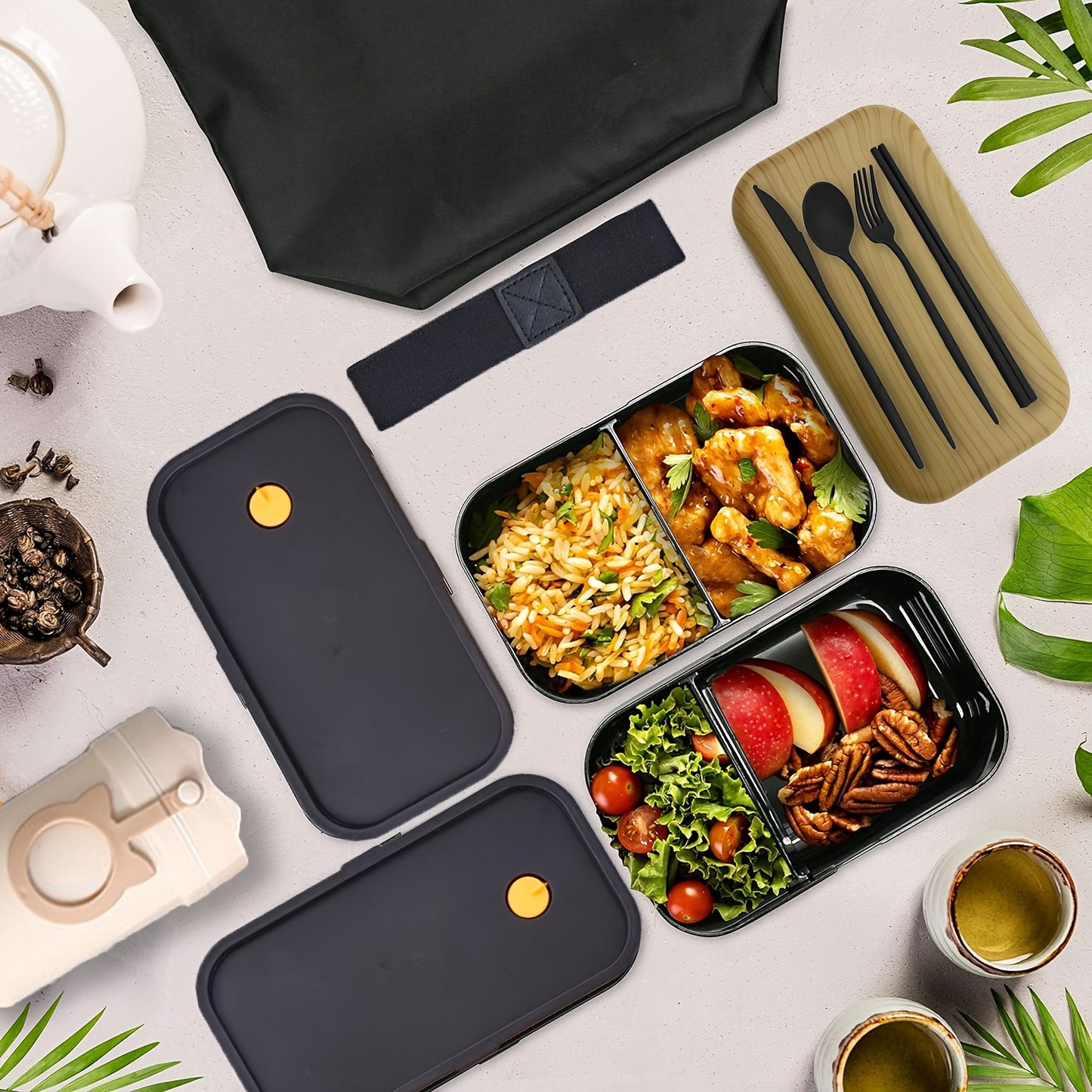 60OZ Double-layer Lunch Box Set: Lunch Box+soup Cup+tableware+dipping Dish+meal Bag. Prepare Your Favorite Lunch For Him/her, Suitable For Outdoor/long-distance Driving. - Revitalize Mind Body