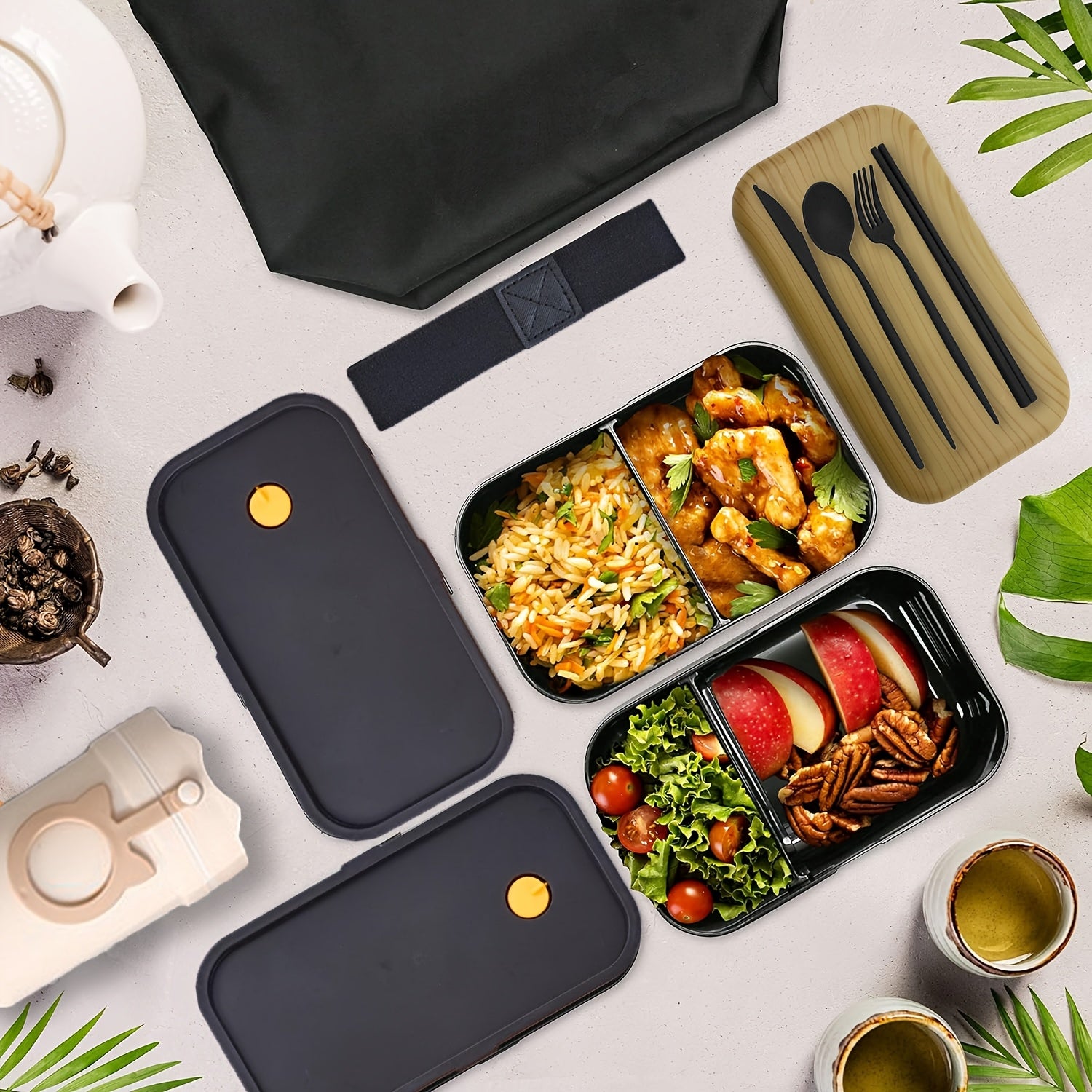 60OZ Double-layer Lunch Box Set: Lunch Box+soup Cup+tableware+dipping Dish+meal Bag. Prepare Your Favorite Lunch For Him/her, Suitable For Outdoor/long-distance Driving. - Revitalize Mind Body