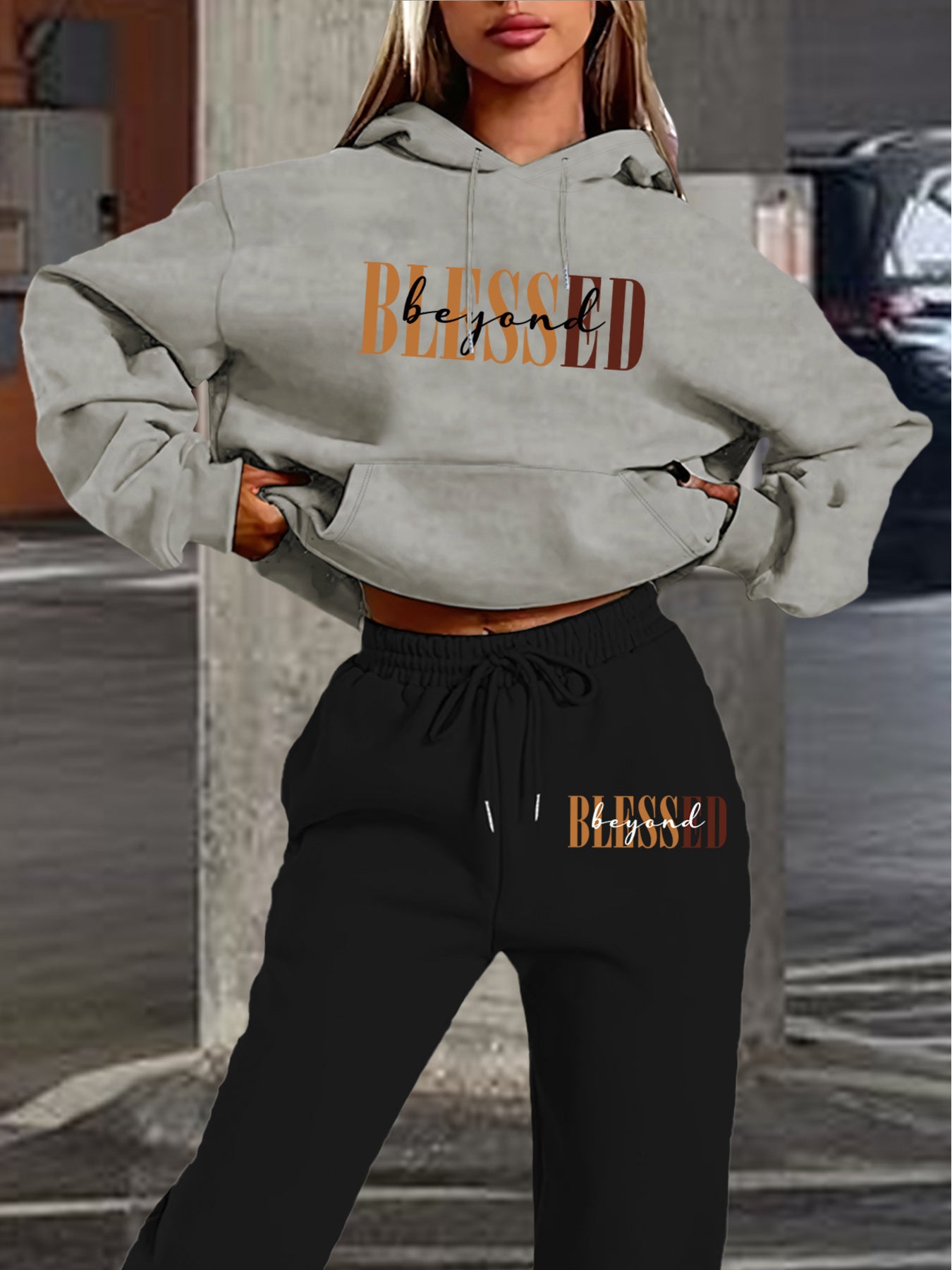 Women’s Letter Print Hoodie And Jogger Set Polyester With Pockets