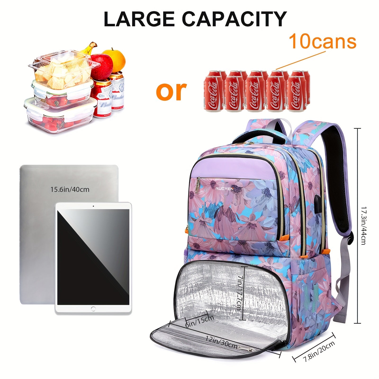 RUCYEN Lunch Backpack, Insulated Cooler Backpack for Women Laptop Backpack with USB Port, 15.6 Inch Laptop Waterproof Backpack Food Bag for Work Beach Camping Picnics Hiking Travel Pink Flower - Revitalize Mind Body