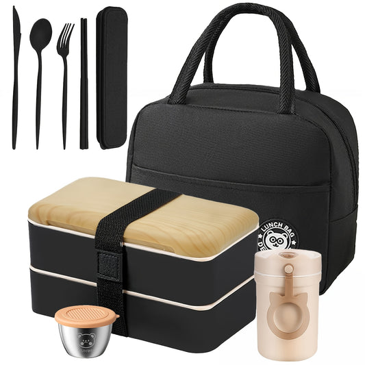 60OZ Double-layer Lunch Box Set: Lunch Box+soup Cup+tableware+dipping Dish+meal Bag. Prepare Your Favorite Lunch For Him/her, Suitable For Outdoor/long-distance Driving. - Revitalize Mind Body