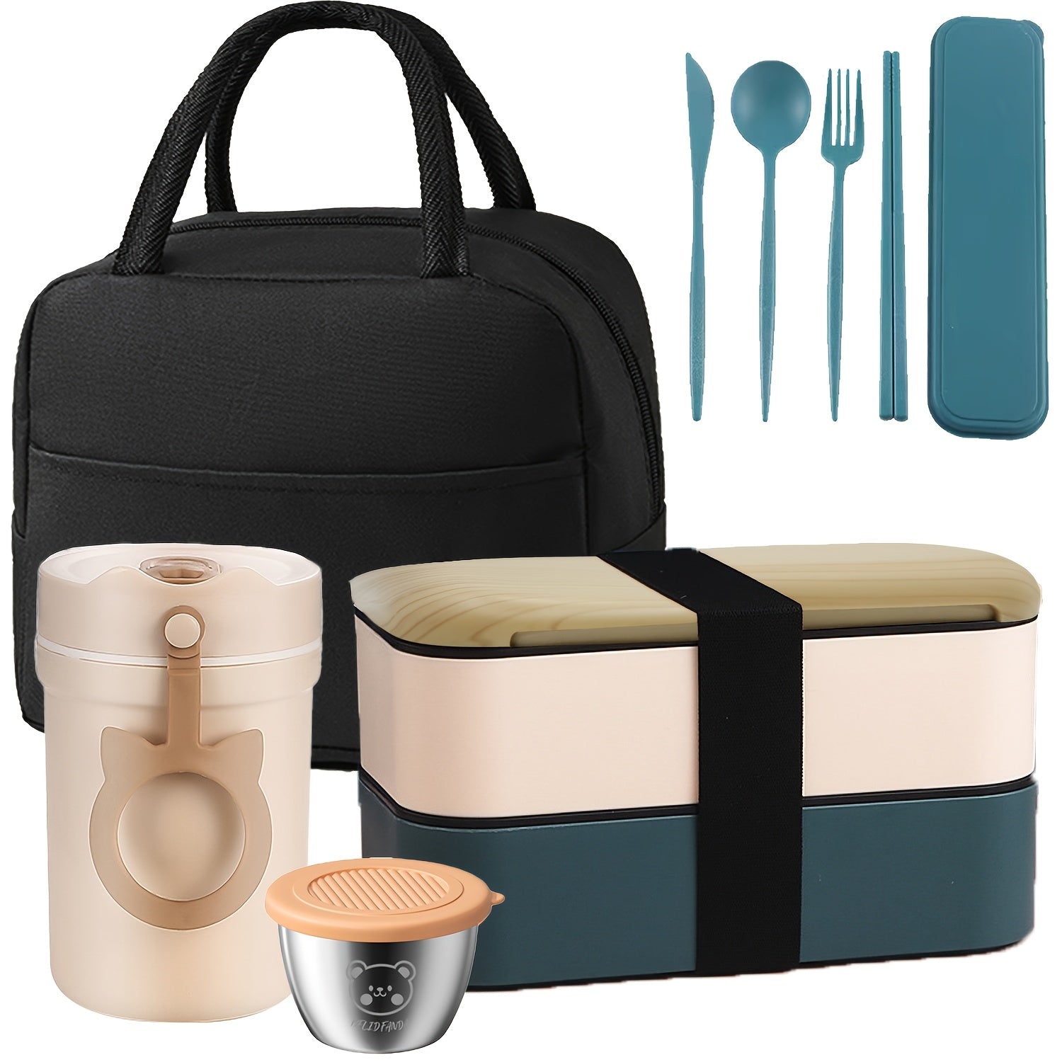 60OZ Double-layer Lunch Box Set: Lunch Box+soup Cup+tableware+dipping Dish+meal Bag. Prepare Your Favorite Lunch For Him/her, Suitable For Outdoor/long-distance Driving. - Revitalize Mind Body