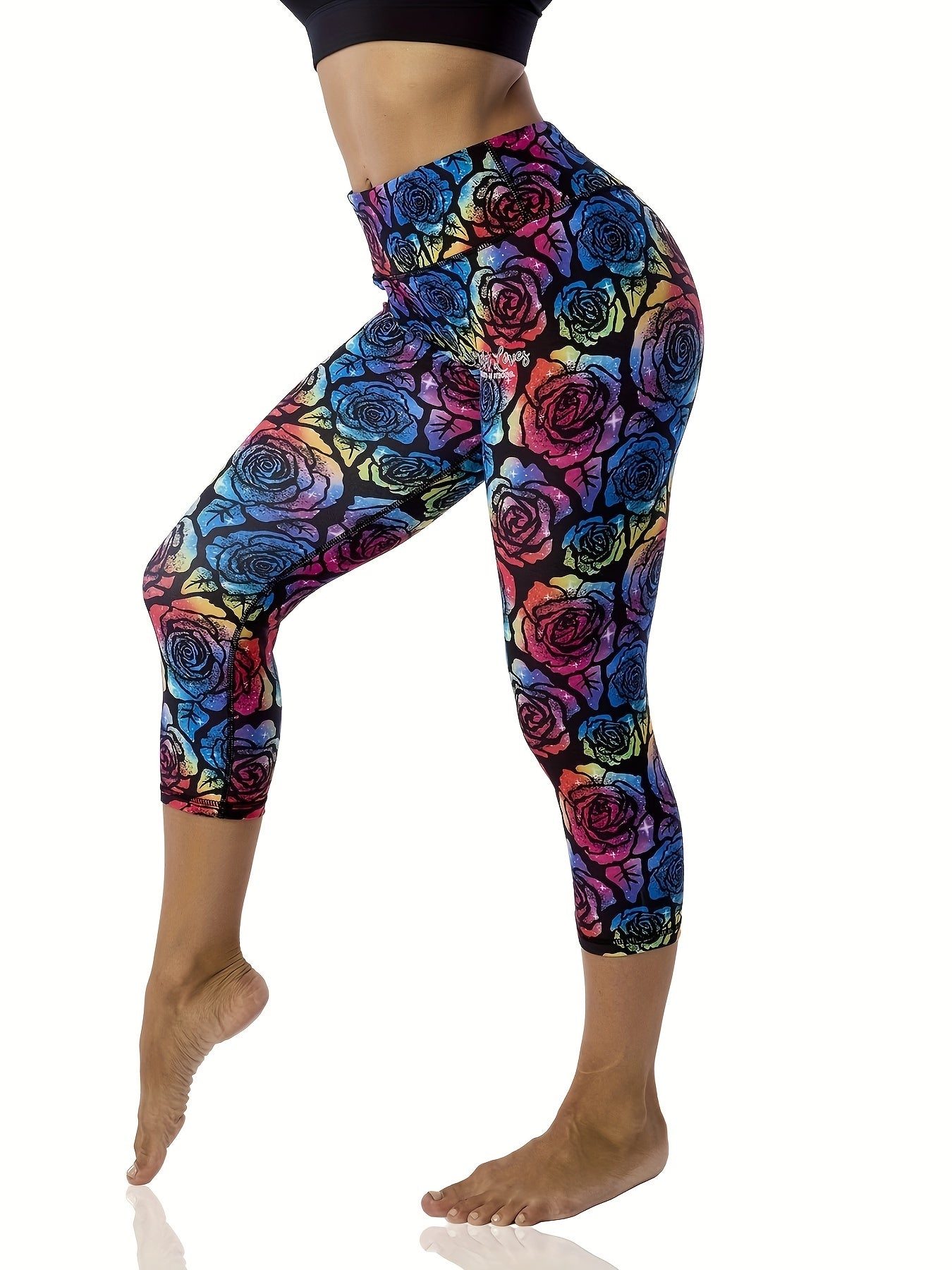 Floral Print Plus Size Capri Yoga Pants With Tummy Control - Revitalize Mind Body