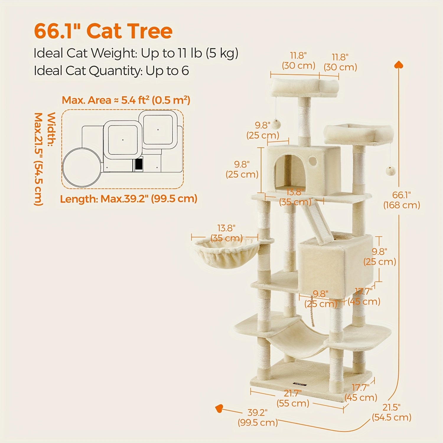 66.1/44.1in Cat Tree, Large Cat Tower with 13 Scratching Posts, 2 Perches, 2 Caves, Hanging Basket & Hammock, Pompoms, Stable Kitty Play House, Multi-Level Plush Cat Condo for Indoor Cat, Easy to Assemble, Perfect Children's - Revitalize Mind Body