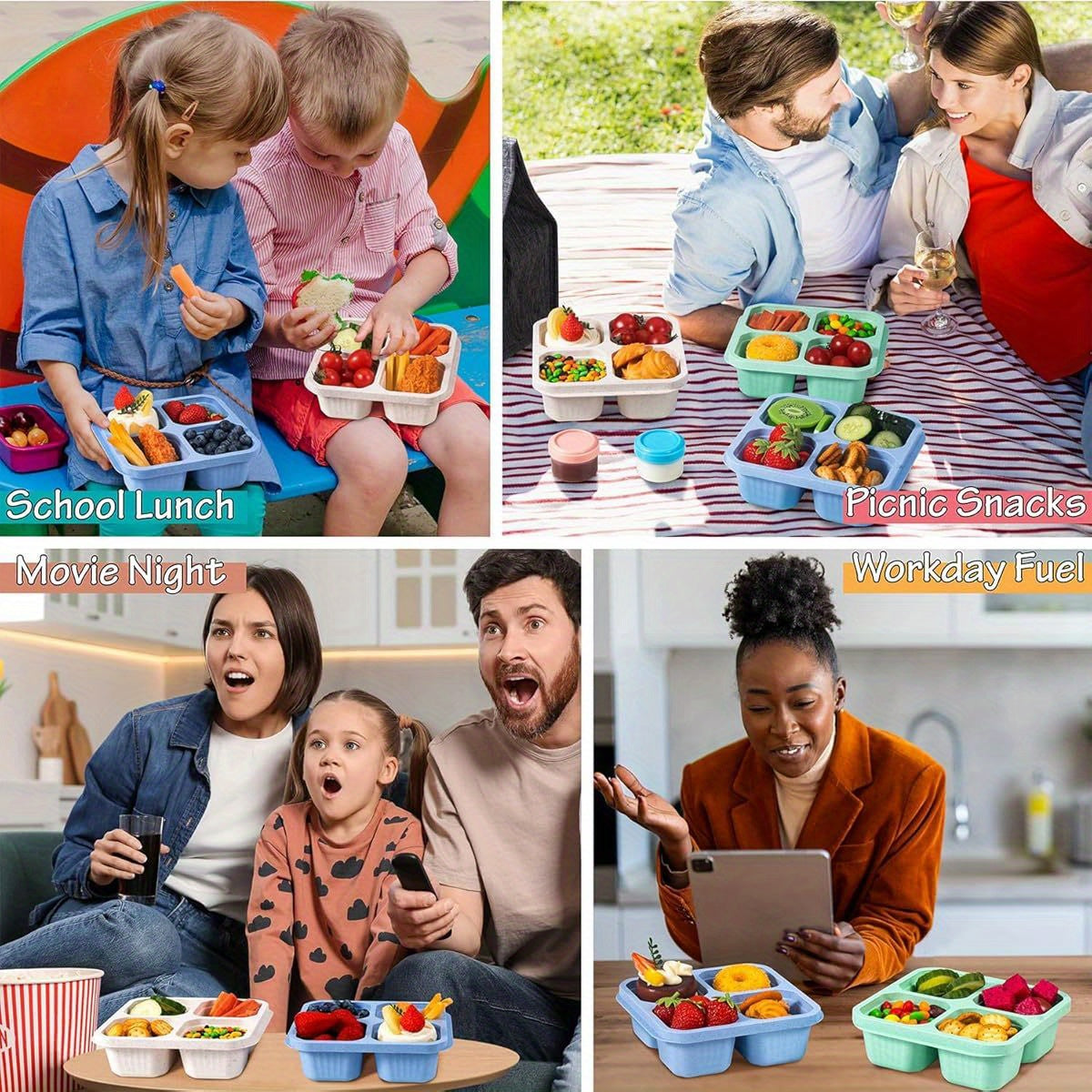 4 Pack Snack Containers with lunch Bag & Sauce Box - 4 Compartments Bento Snack Box - Reusable Meal Prep Lunch Container for Kids Adults - Divided Food Storage Containers for School Work Travel - Revitalize Mind Body