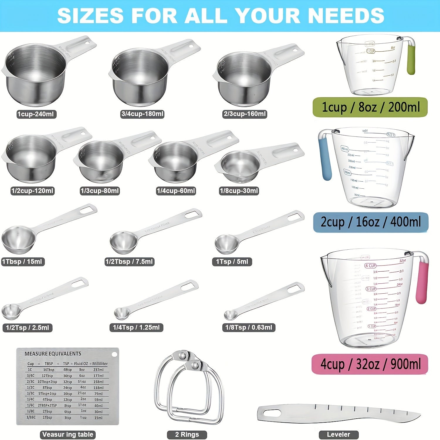 20pcs/set, Measuring Cups And Spoons Set, Stainless Steel Measuring Cups And Spoons Set, Including Stackable Measuring Cup And Measuring Spoons, 1 Leveler For Dry And Liquid Ingredients, Baking Tools, Kitchen Stuff - Revitalize Mind Body
