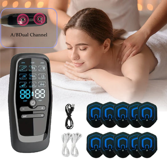 Dual Channel TENS+EMS Muscle Stimulator - Rechargeable Electric Massager with Heat Relax for Muscle Relaxation & Recovery - Includes 8 Reusable Pads, Digital Display, USB Charging, Portable Design for Back, Arms, Shoulders, L - Revitalize Mind Body