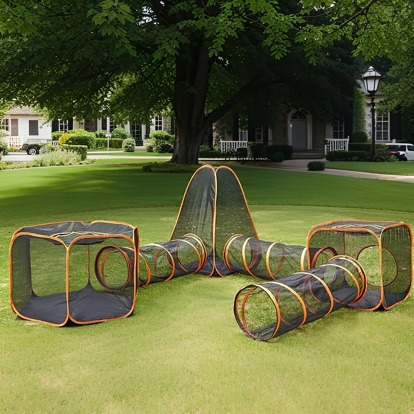6-in-1 Foldable Pet Playpen - Interactive Design, Black/Orange, for Cats & Dogs, Outdoor/Indoor Use, Tunnel & Tent - Revitalize Mind Body