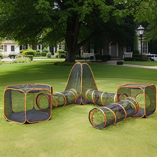 6-in-1 Foldable Pet Playpen - Interactive Design, Black/Orange, for Cats & Dogs, Outdoor/Indoor Use, Tunnel & Tent - Revitalize Mind Body