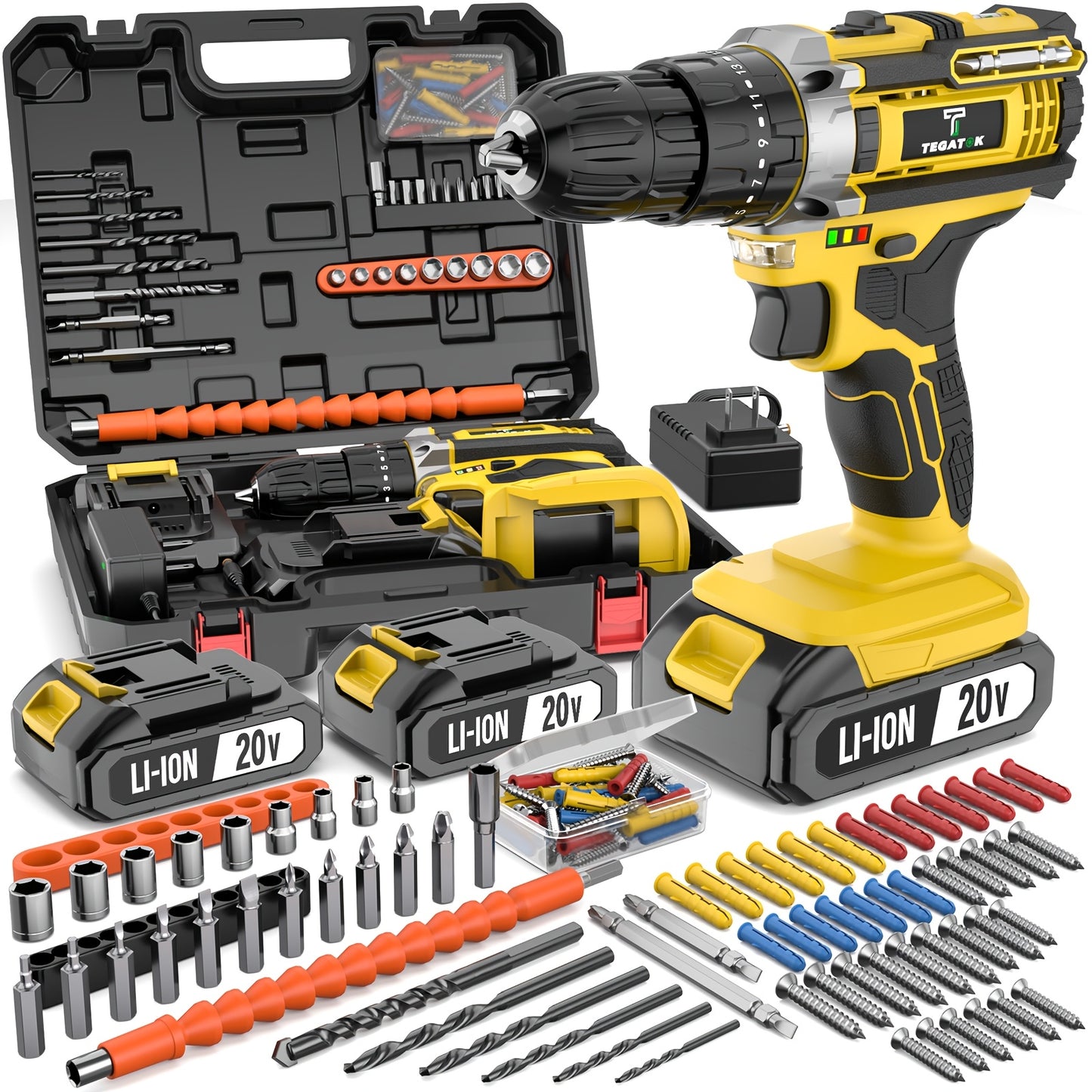 TEGATOK 20V Cordless Drill Set With Battery Pack And Bits