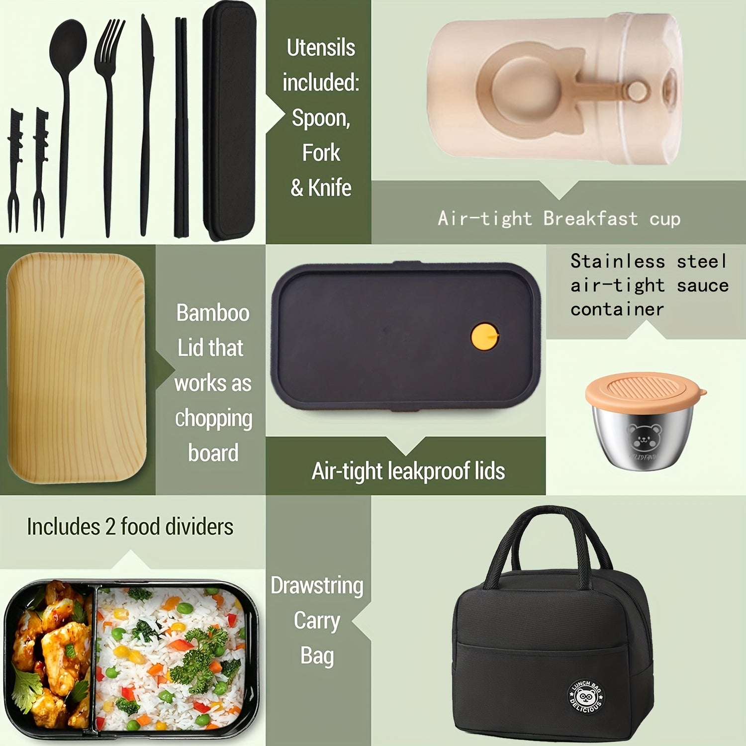 60OZ Double-layer Lunch Box Set: Lunch Box+soup Cup+tableware+dipping Dish+meal Bag. Prepare Your Favorite Lunch For Him/her, Suitable For Outdoor/long-distance Driving. - Revitalize Mind Body