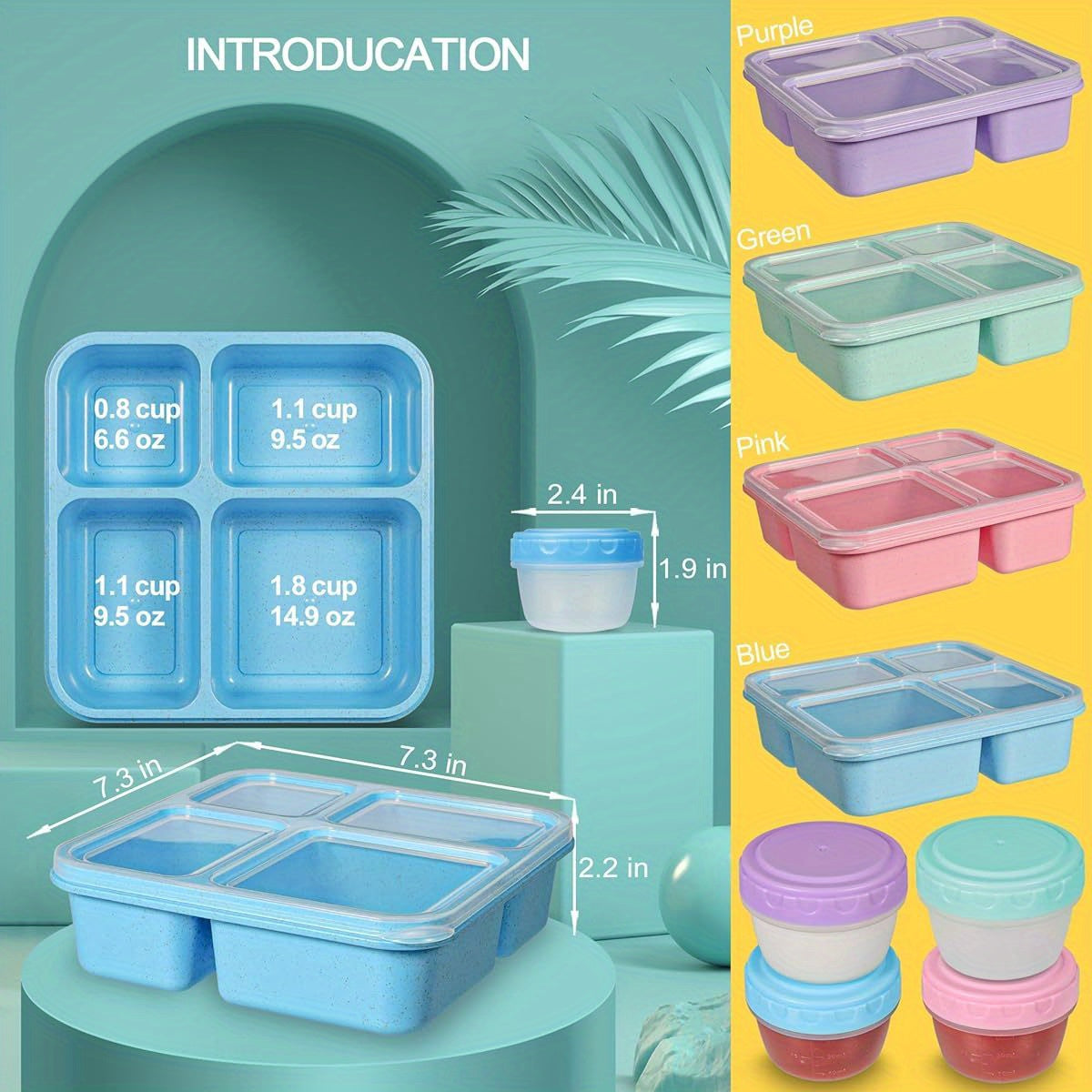4-Pack Original Design Lunchable Container Bento Box, 40oz Large 4-Compartment Square Plastic Lunch Boxes for Adults & Kids, Microwave & Dishwasher Safe with Salad Dressing Containers, Portable for School, Office, Picnics, Pi - Revitalize Mind Body