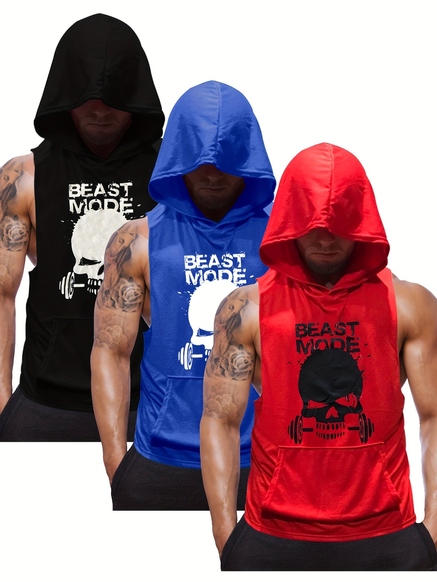 Men's Sleeveless Hooded Workout Tank Tops by QQ