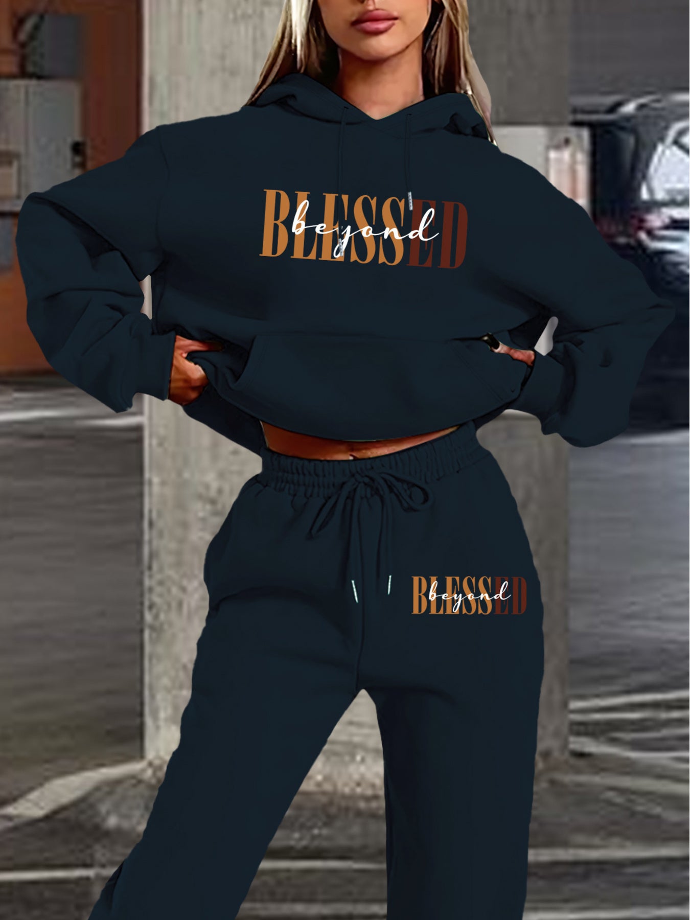 Women’s Letter Print Hoodie And Jogger Set Polyester With Pockets