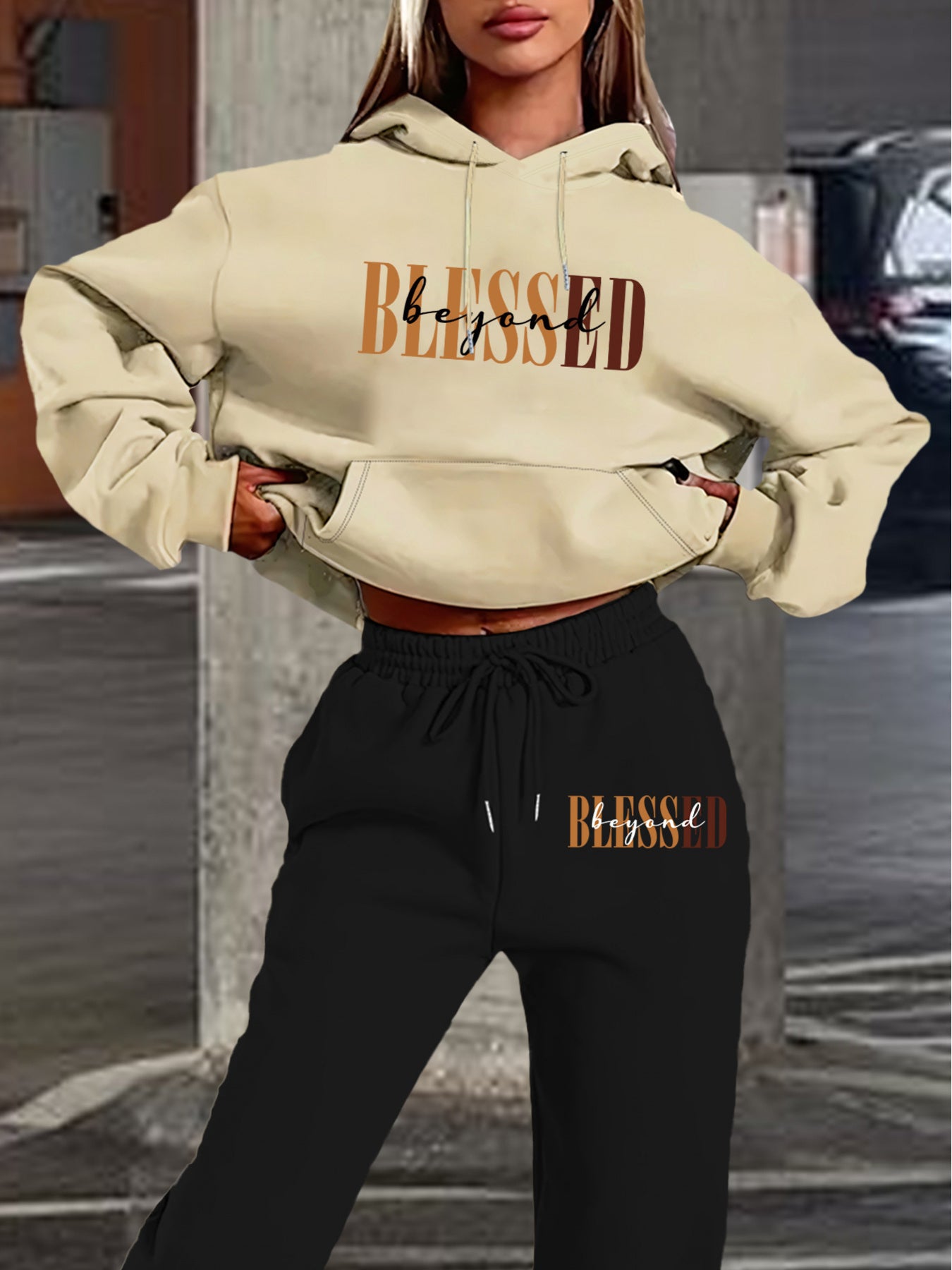 Women’s Letter Print Hoodie And Jogger Set Polyester With Pockets