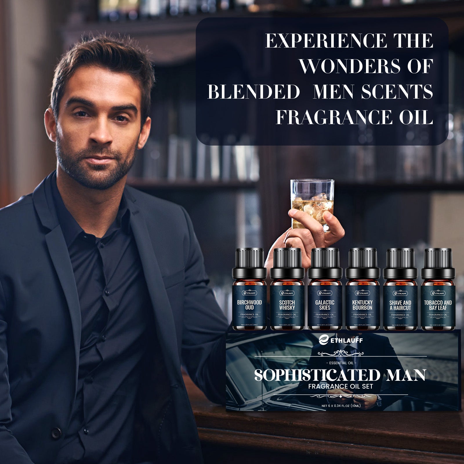 Mens Essential Oils Set, Men Scents Fragrance Oil, Essential Oils for Diffuseret 6x10ML, Diffuser Oils Scents for Home,Tobacco and Bay Leaf, Kentucky Bourbon, Galactic Skies, Scotch Whisky, Birchwood Oud - Revitalize Mind Body