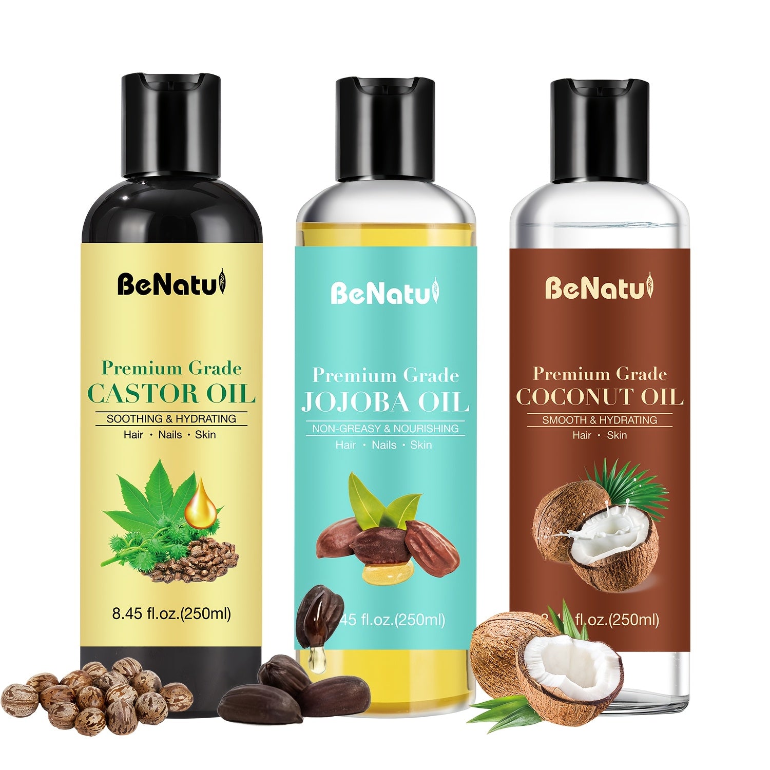 BENATU Castor Oil Jojoba Coconut Essential Oil Set - Revitalize Mind Body