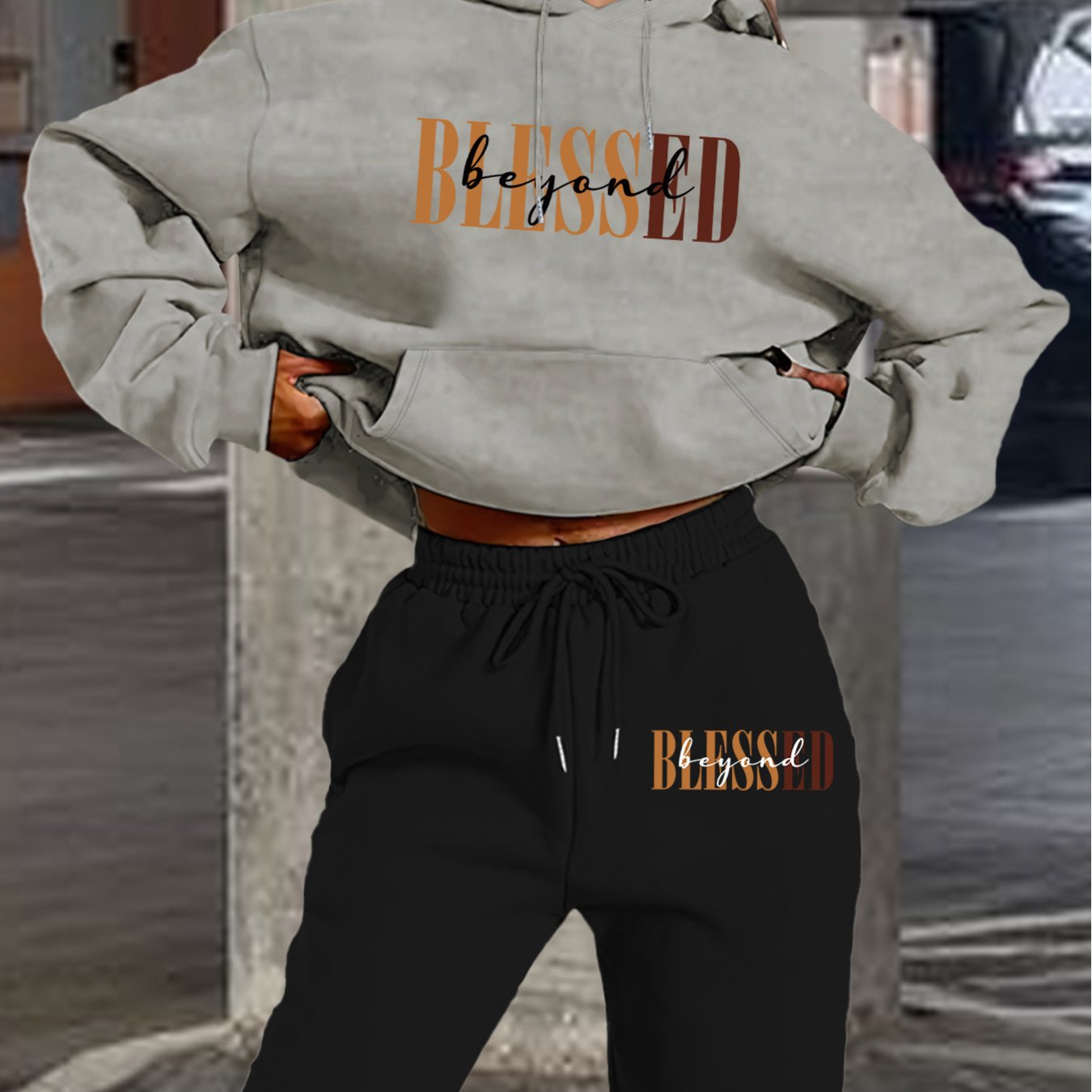 Women’s Letter Print Hoodie And Jogger Set Polyester With Pockets
