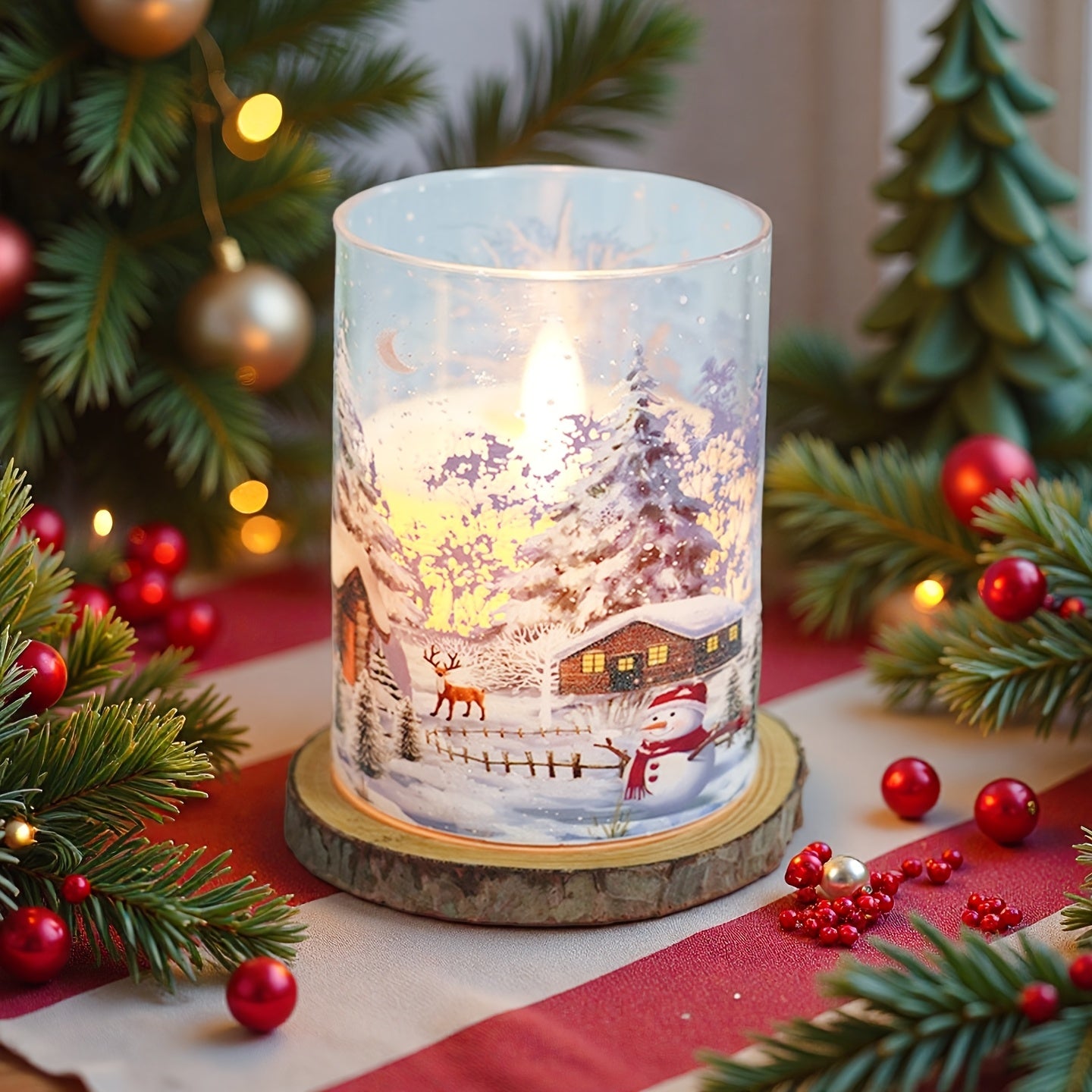 Flameless LED Pillar Candles With Snow Scene Snowman Pattern Decor