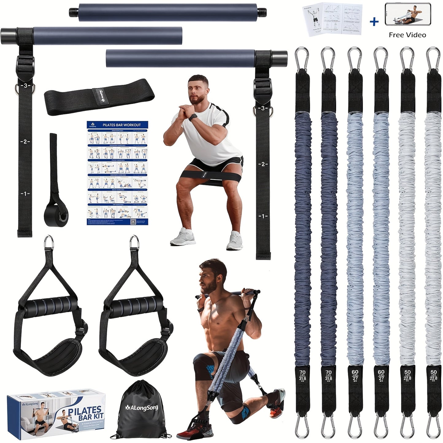 Pilates Bar Kit With Resistance Bands 20 To 240 LBS