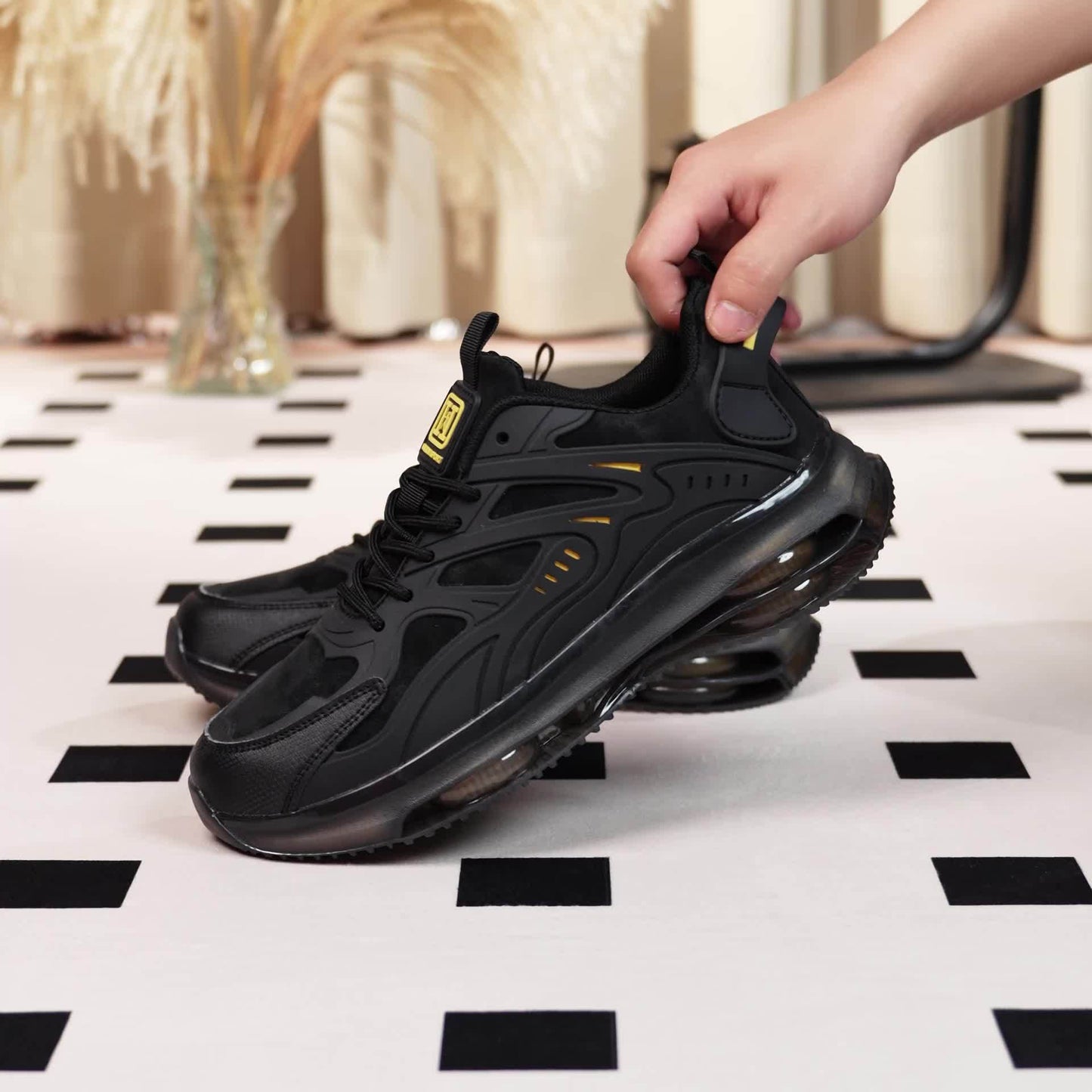 RLS Men's Low-Top Road Running Shoes - Breathable Mesh & Durable Rubber Sole, Fashion Black with Golden Accents, Secure Lace-Up Closure for All-Season Comfort, Sports & Casual Wear, Sleek Shoe Design, Flexible Interior Lining - Revitalize Mind Body