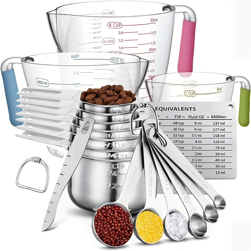 20pcs/set, Measuring Cups And Spoons Set, Stainless Steel Measuring Cups And Spoons Set, Including Stackable Measuring Cup And Measuring Spoons, 1 Leveler For Dry And Liquid Ingredients, Baking Tools, Kitchen Stuff - Revitalize Mind Body