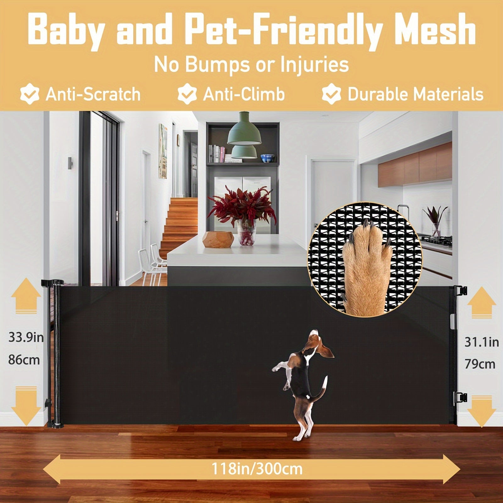 Versatile Retractable & Pet Gate, No Drilling Required - Black Nylon Mesh, Extends 55" Wide, 33.9" High, Ideal for Doorways, Stairs, Hallways, Decks, and Porches, Retractable Doorway Gate|Versatile Home Gate|Durable Nylon Mes - Revitalize Mind Body
