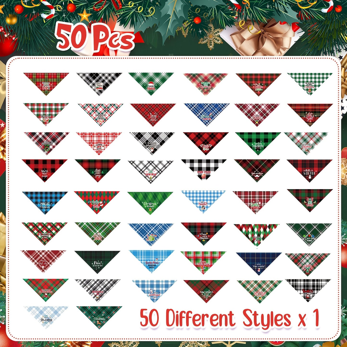 PATELAI Festive Plaid Dog Bandanas 50 Pack Adjustable