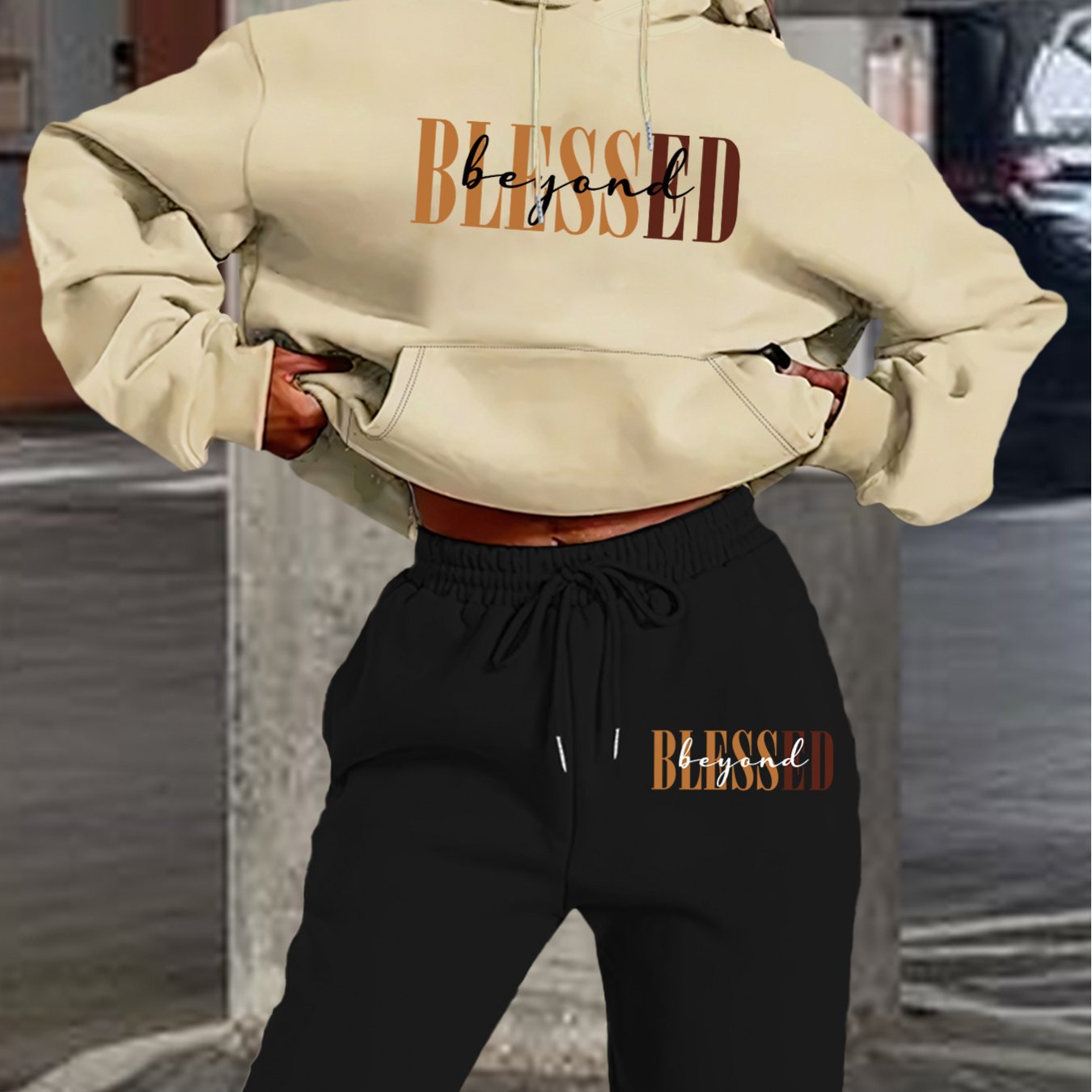Women’s Letter Print Hoodie And Jogger Set Polyester With Pockets
