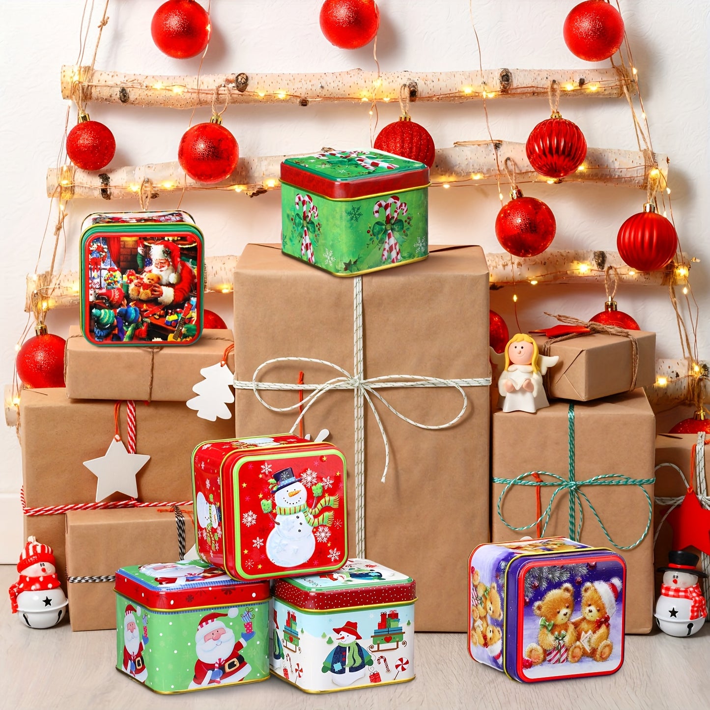 PATELAI Christmas Square Metal Cookie Jar With Lid 24pcs