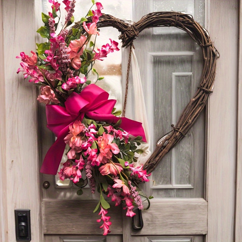 Heart Shaped Floral Wreath Farmhouse Door Decor With Glossy Bow
