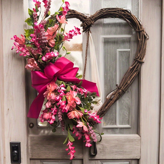 Heart Shaped Floral Wreath Farmhouse Door Decor With Glossy Bow