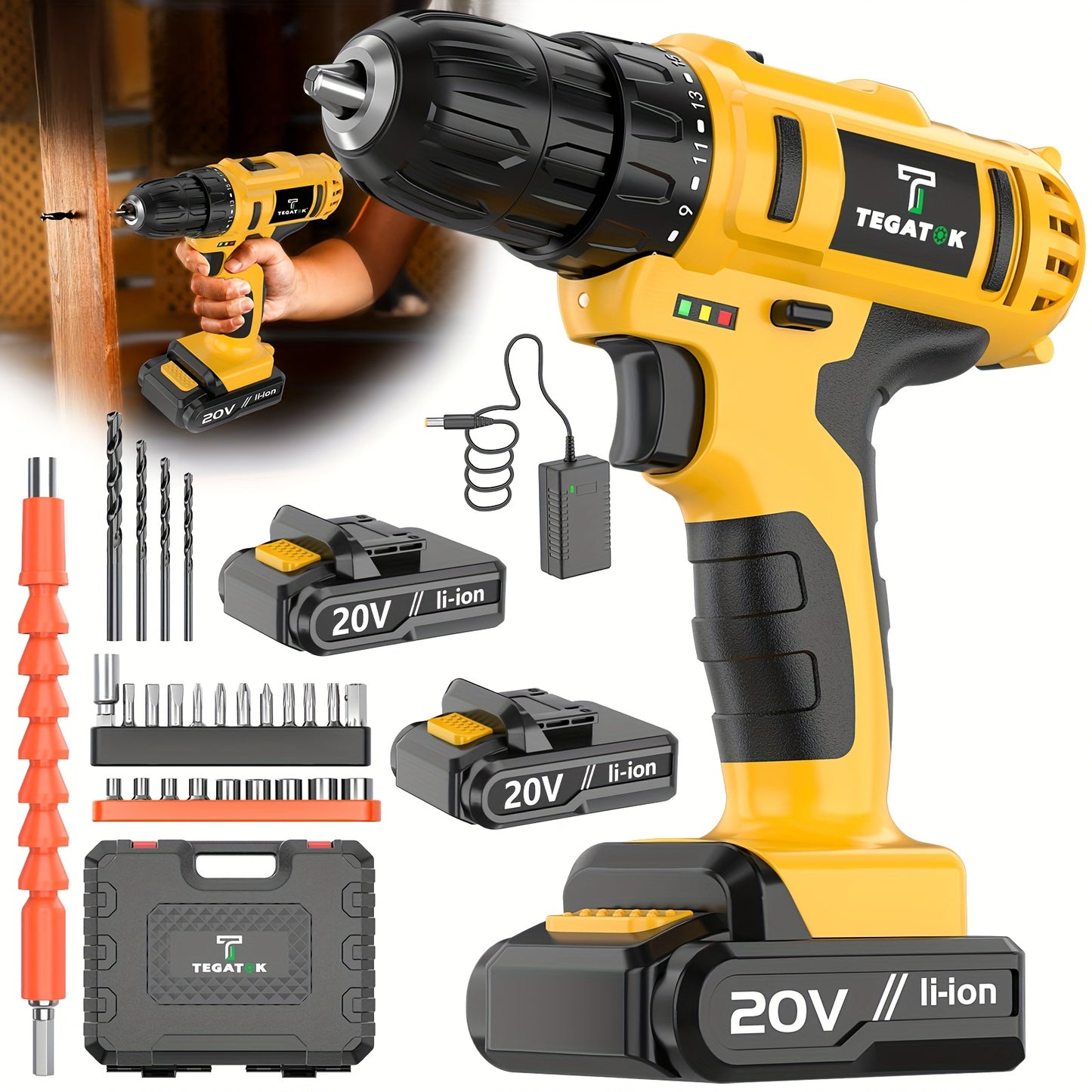 TEGATOK 20V Cordless Drill Tool Set With Battery And Case