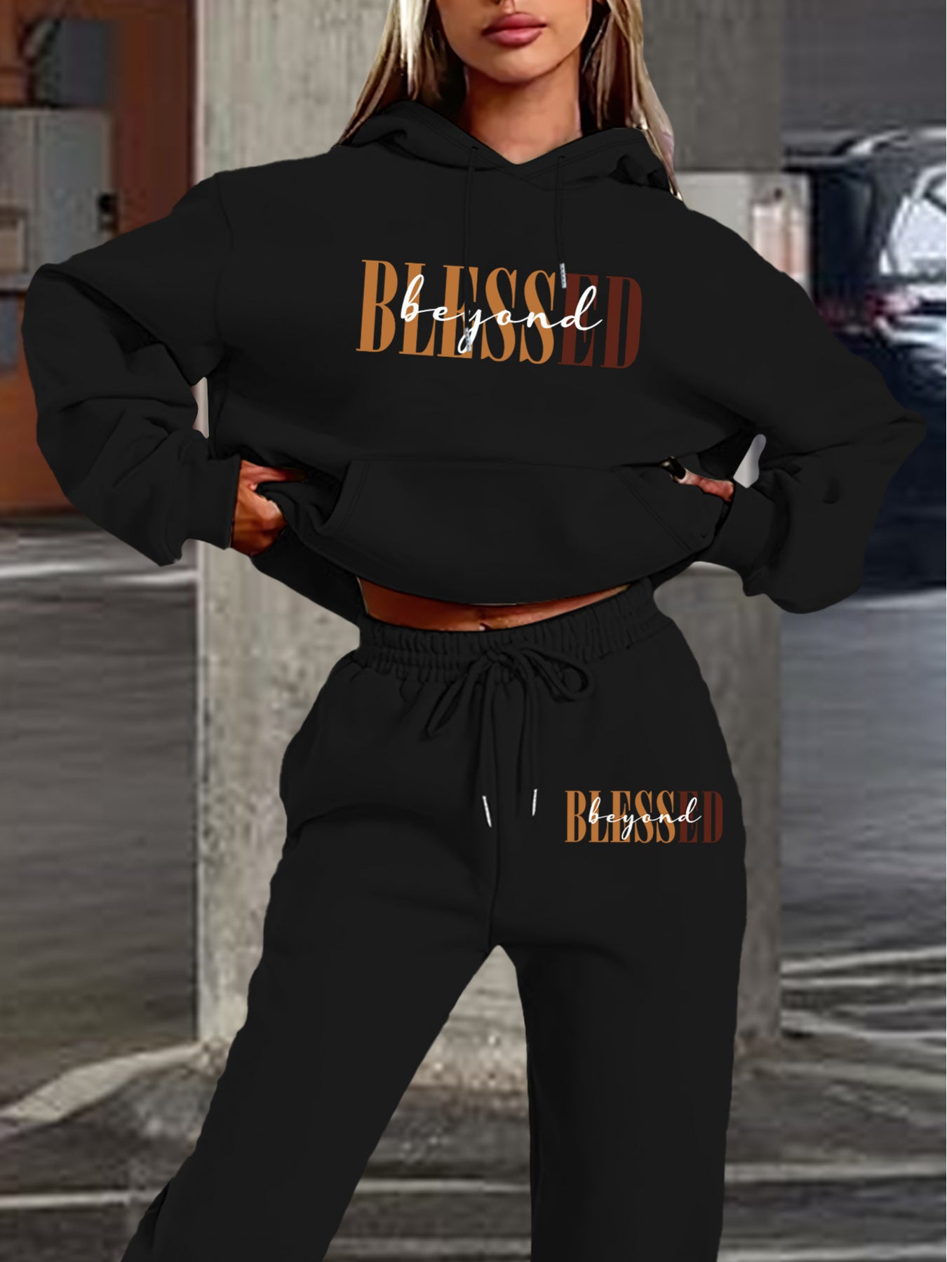 Women’s Letter Print Hoodie And Jogger Set Polyester With Pockets