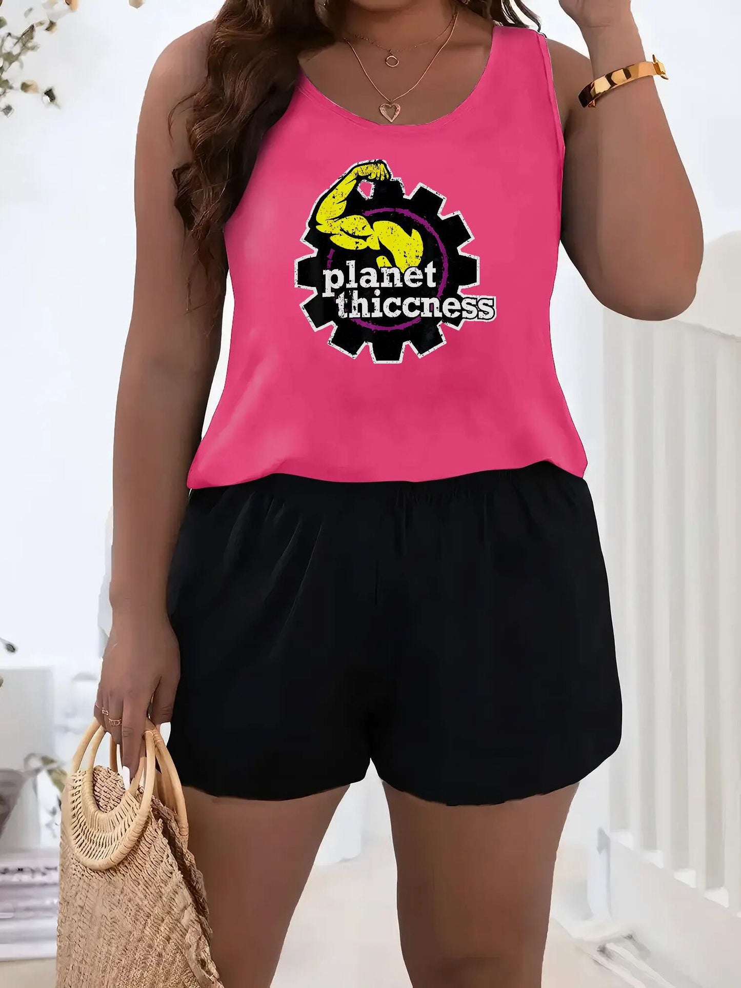 Planet Thiccness Gym Set Funny Workout Lover Sleeveless Top Shorts - Revitalize Mind Body