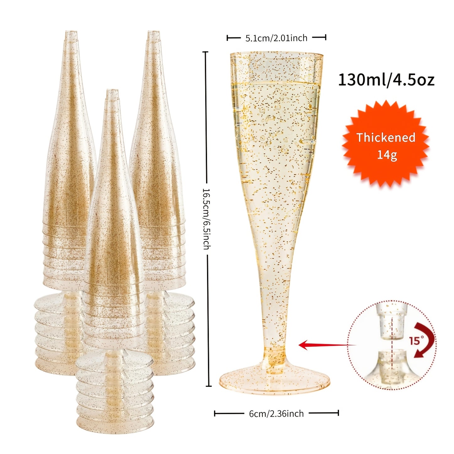 Transparent Glitter Champagne Flutes Reusable Stackable BPA Free