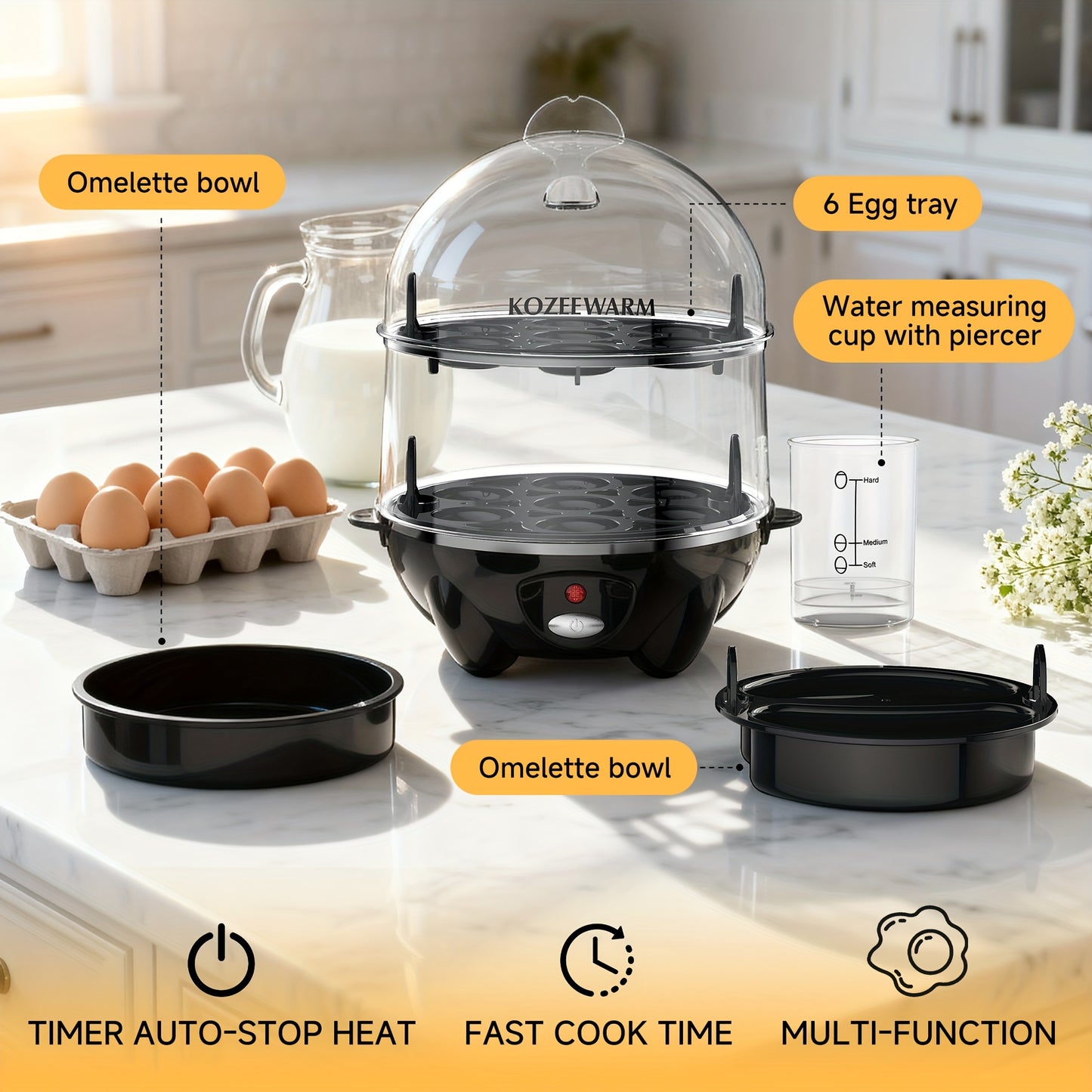 KOZEEWARM Double Layer Egg Cooker Auto Shut Off Boiled Eggs