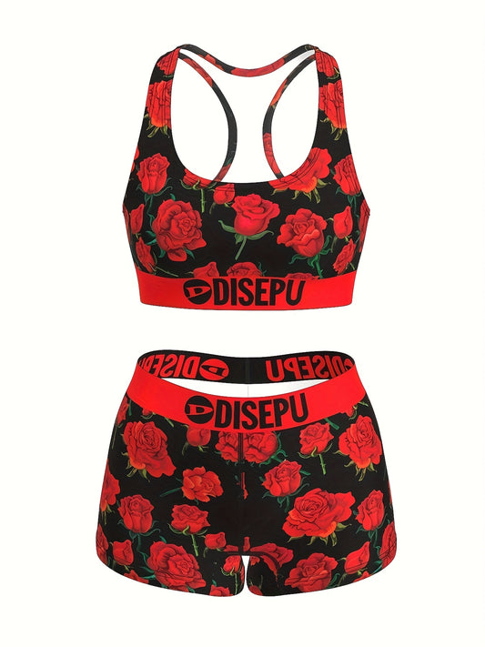 Rose Floral Sports Bra And Shorts Set For Women Activewear - Revitalize Mind Body