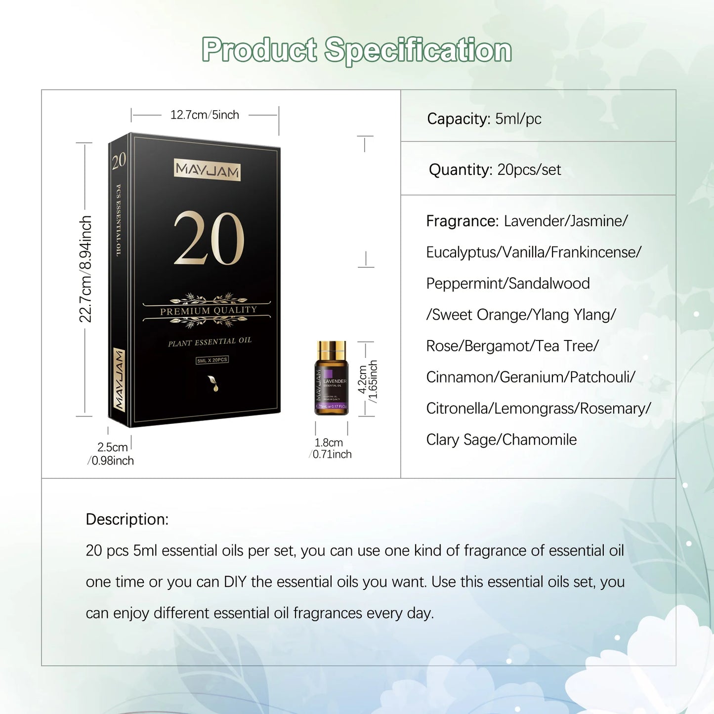 MAYJAM Essential Oils Gift Box 20 Bottles Set Lavender Jasmine - Revitalize Mind Body