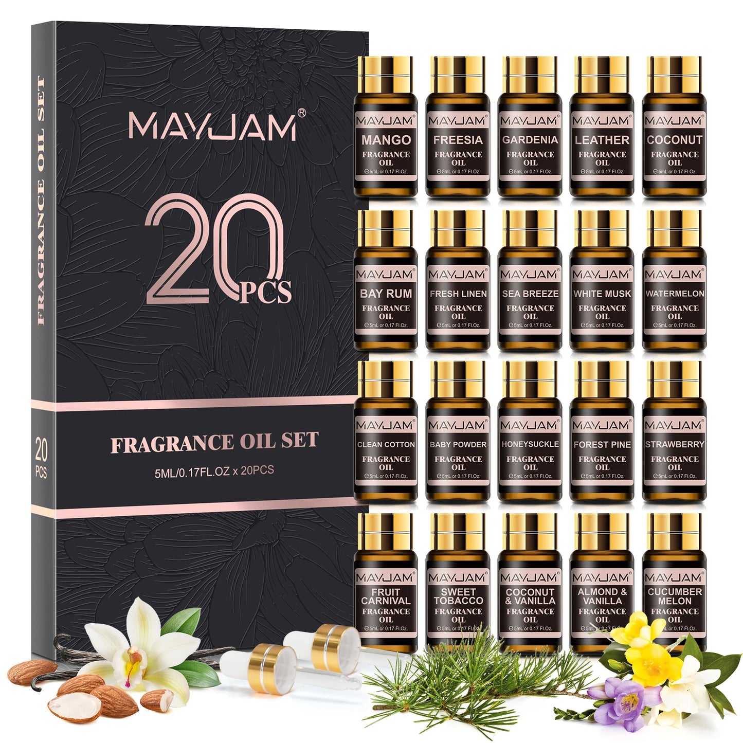 MAYJAM Essential Oils Gift Box 20 Bottles Set Lavender Jasmine - Revitalize Mind Body