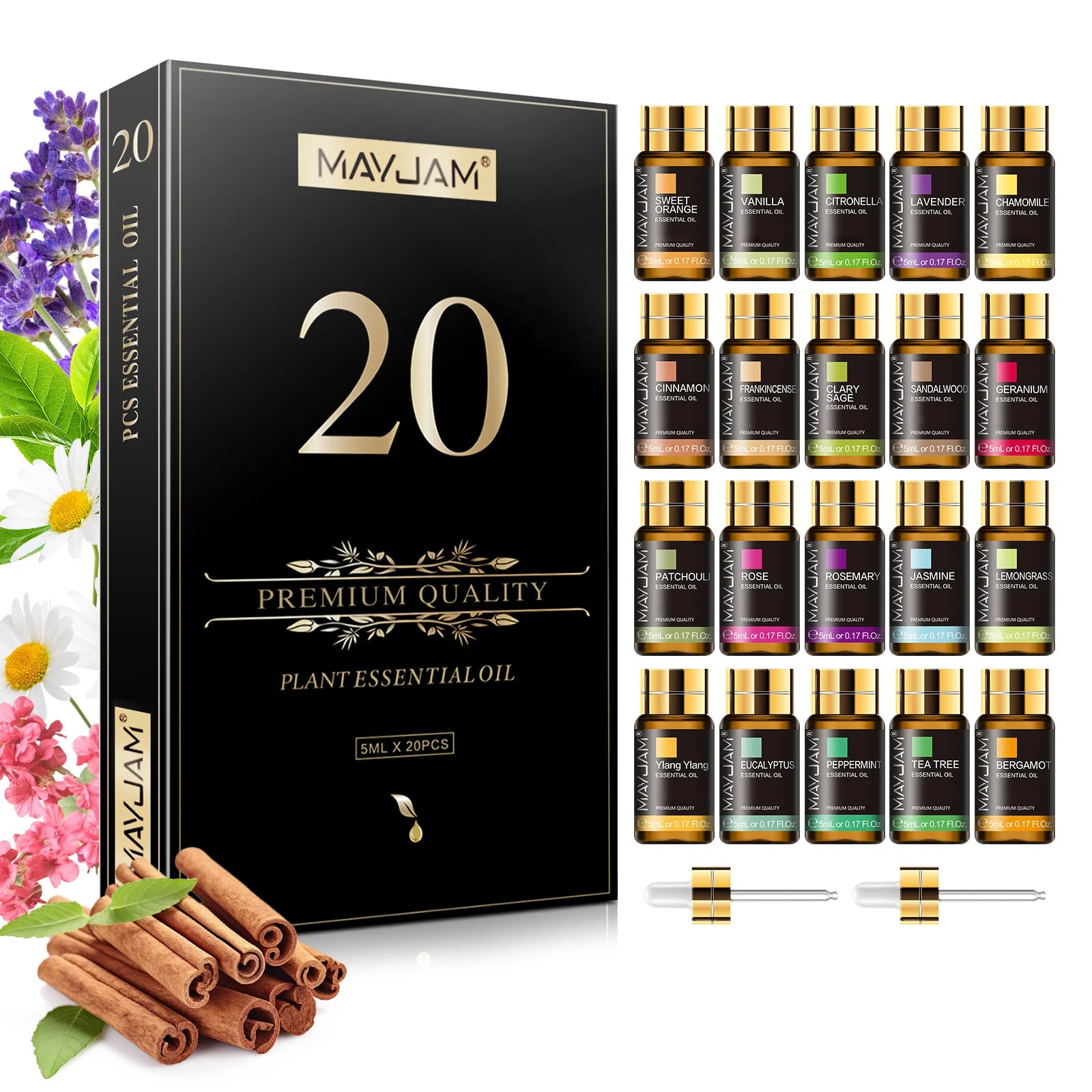 MAYJAM Essential Oils Gift Box 20 Bottles Set Lavender Jasmine - Revitalize Mind Body