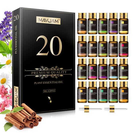 MAYJAM Essential Oils Gift Box 20 Bottles Set Lavender Jasmine - Revitalize Mind Body