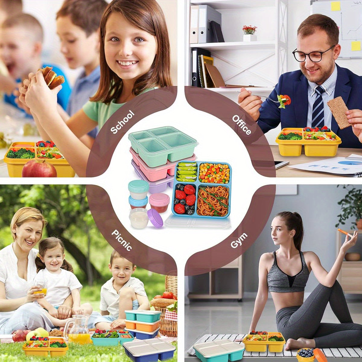 4-Pack Original Design Lunchable Container Bento Box, 40oz Large 4-Compartment Square Plastic Lunch Boxes for Adults & Kids, Microwave & Dishwasher Safe with Salad Dressing Containers, Portable for School, Office, Picnics, Pi - Revitalize Mind Body