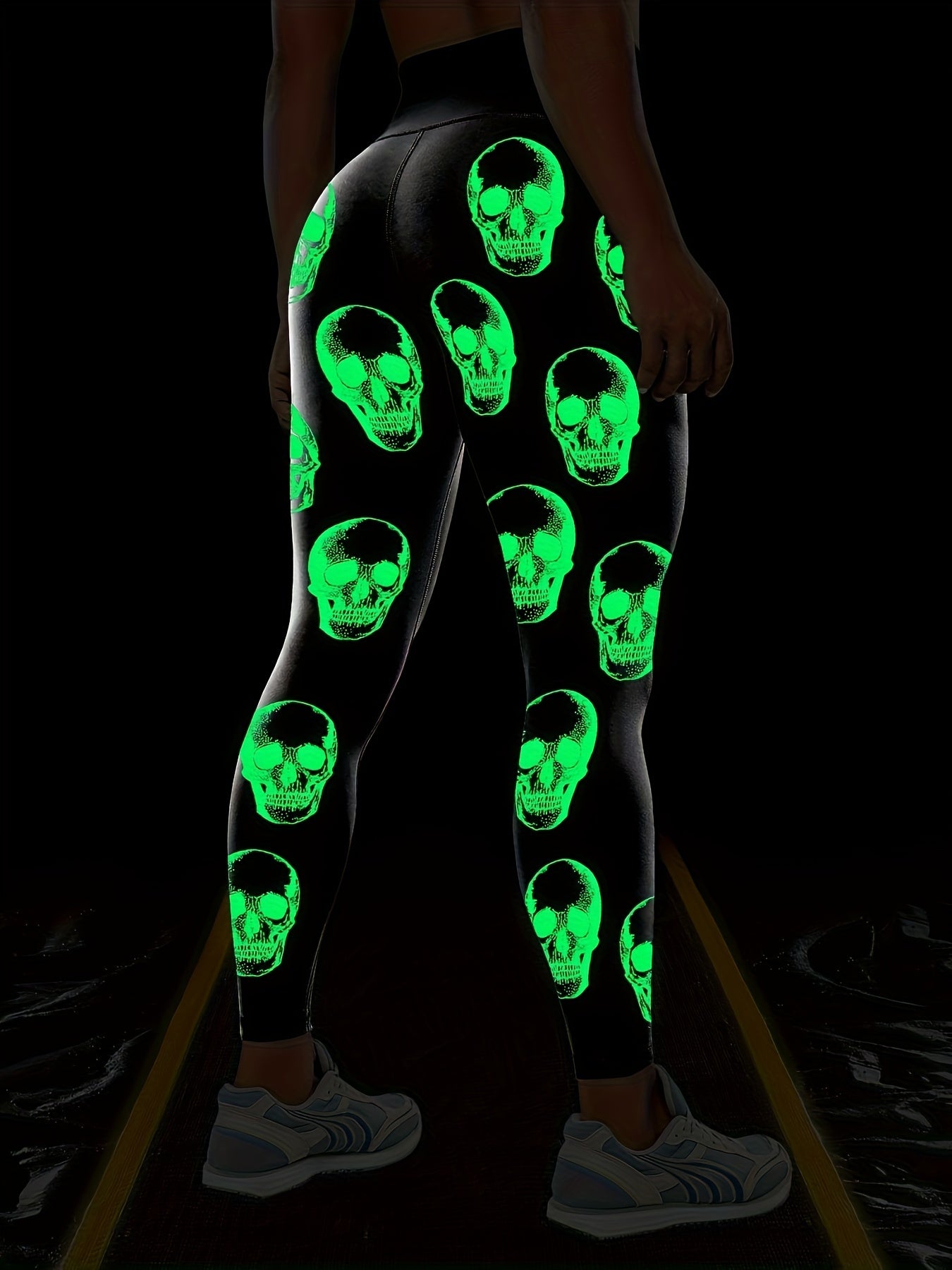 High Waist Glow In The Dark Skull Print Leggings Athletic