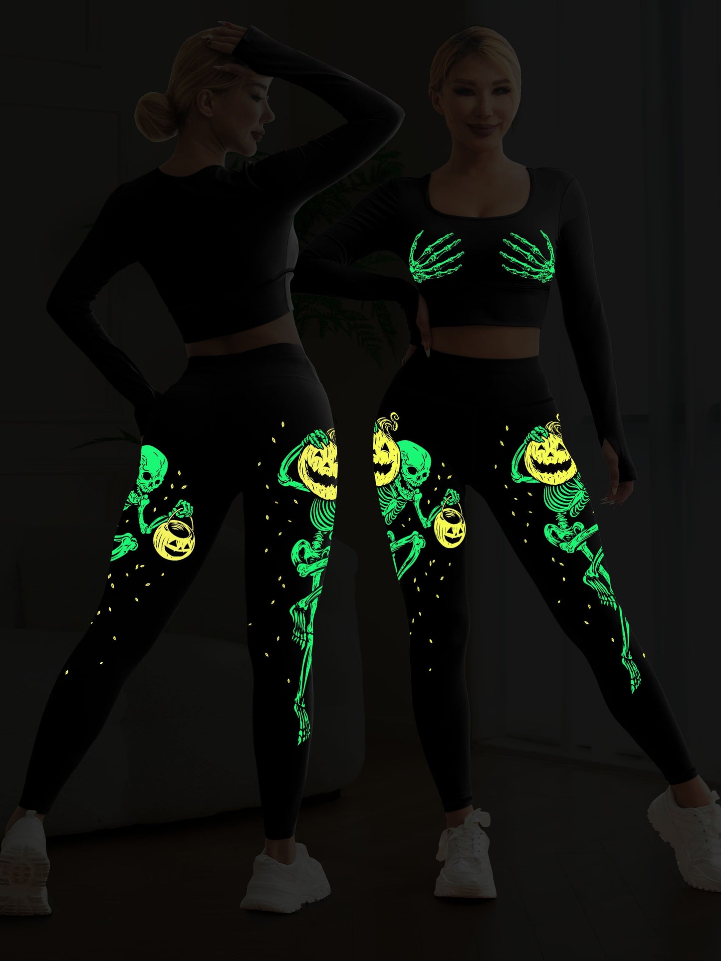 Women's Halloween Glow In Dark Skeleton Pumpkin Yoga Set