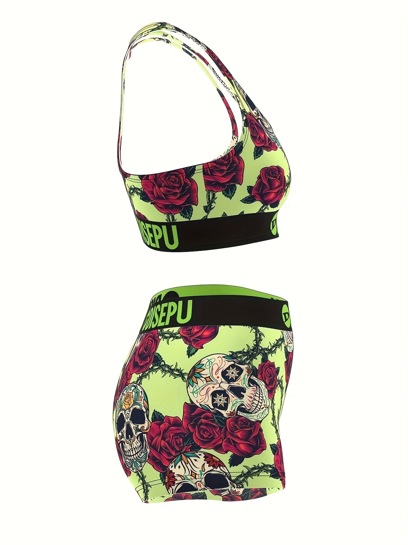 Skull and Rose Print Sports Bra and Shorts Set Women - Revitalize Mind Body